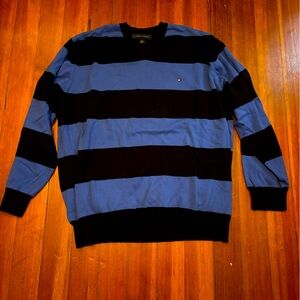 Tommy Hilfiger Men's Blue and Black Striped Sweater